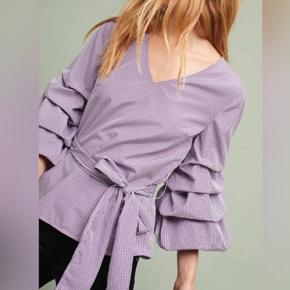 Anthropologie Sunday in Brooklyn Gingham Print Balloon Ruffle Tiered Sleeve Top